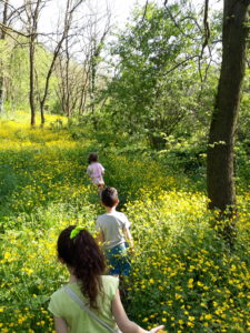 bimbi che camminano tra fiori gialli